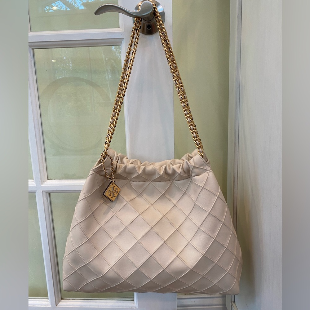 Tory Burch Cream and Gold Quilted Shoulder Bag